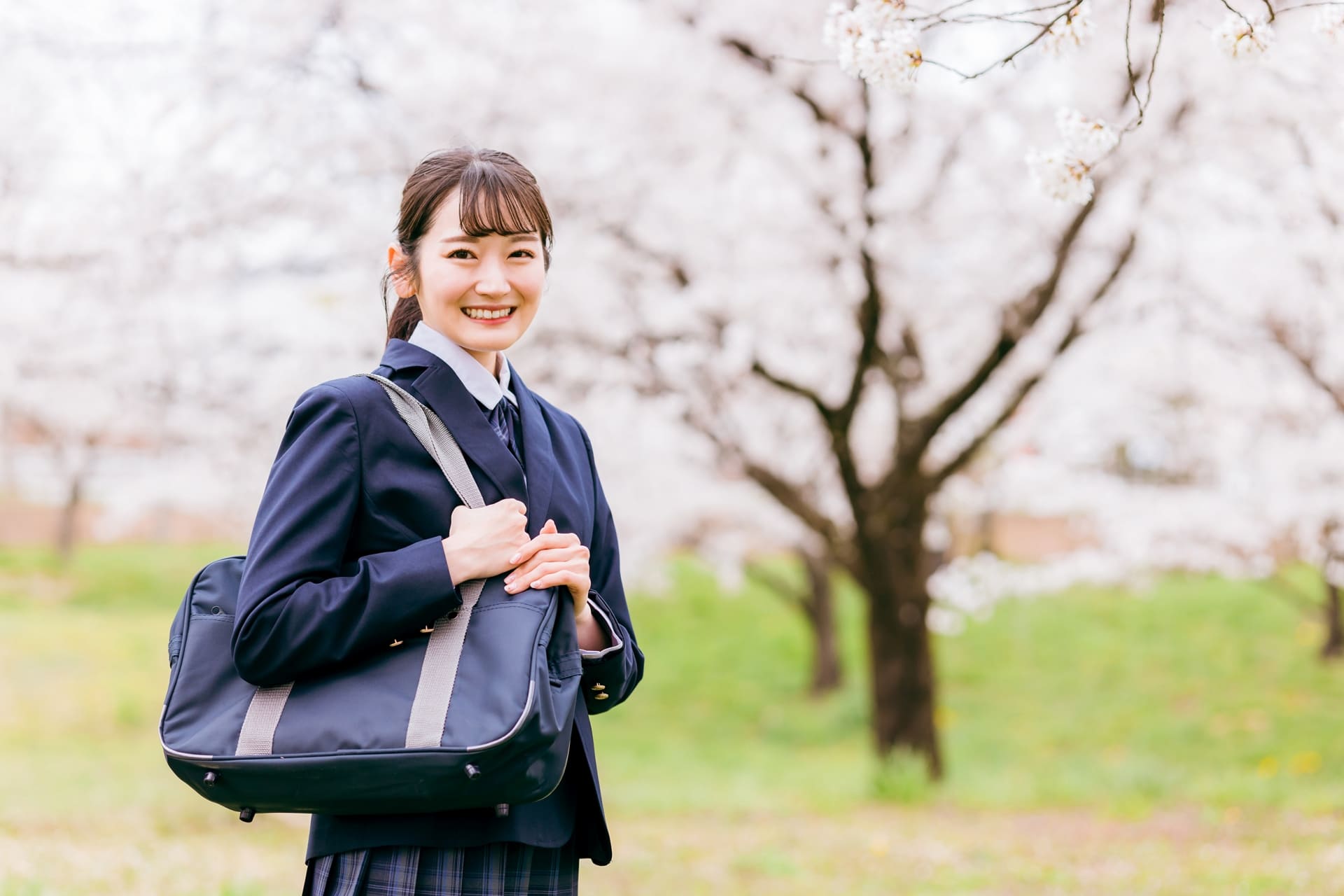 桜の中を歩く高校生・女子高生・女子高校生